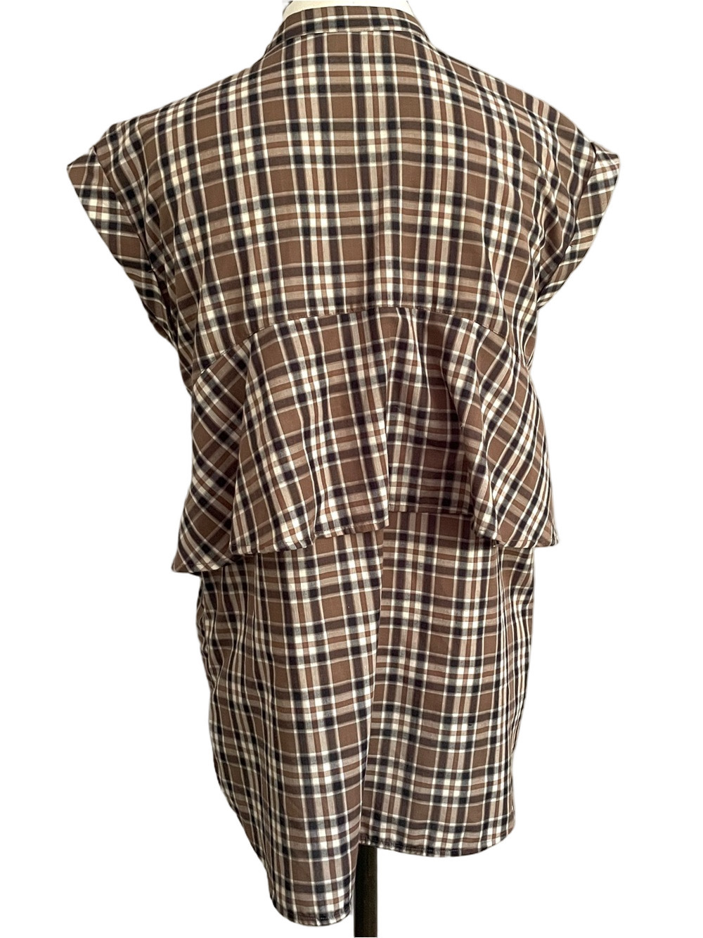 Classic Brown Blue Plaid Sleeveless Tunic Blouse - Small, Japanese brand 🇯🇵 - Picture 10 of 12